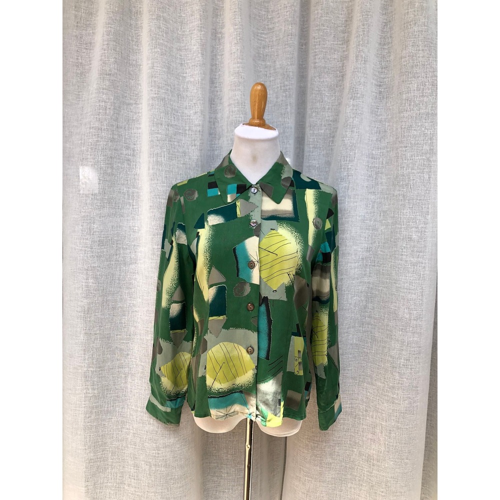 Green viscose abstract pattern blouse Japanese vintage